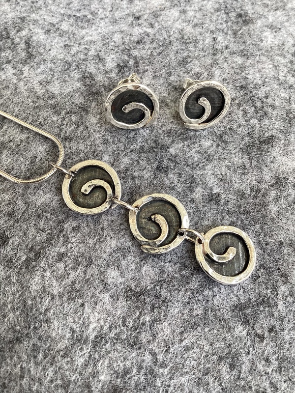 Silverfish Designs oxidised spiral triple pendant and studs