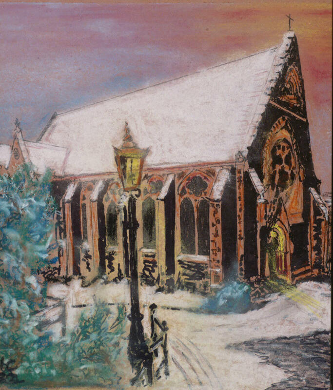 Sunset & Snow at St Wulstan's Little Malvern, ink & soft pastels