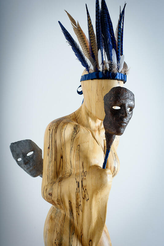 Masked, Spalted Silver Birch, Bronze, Feathers, Ribbon, Sculpture by Ed Elliott