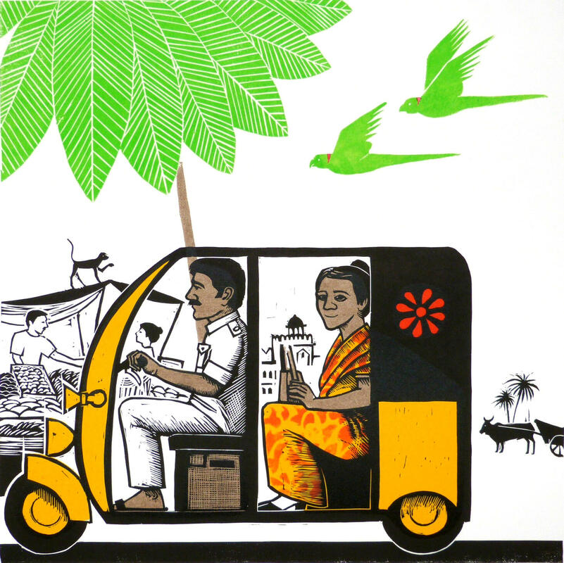 Auto rickshaw, linocut, 45 x 45 cm.