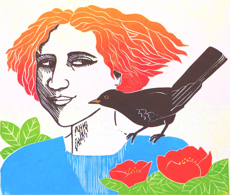 Girl with blackbird, linocut, 21x24.5 cm.