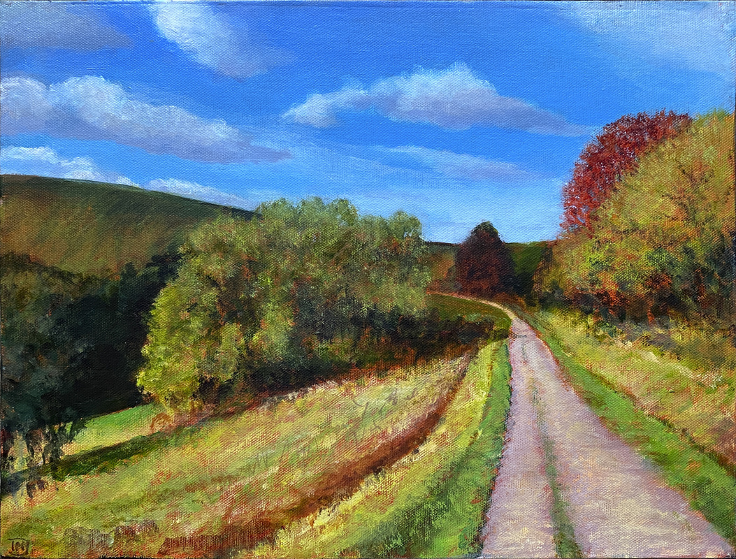 Red Tree, Malvern Hills, acrylic on canvas board, 12" x 16"