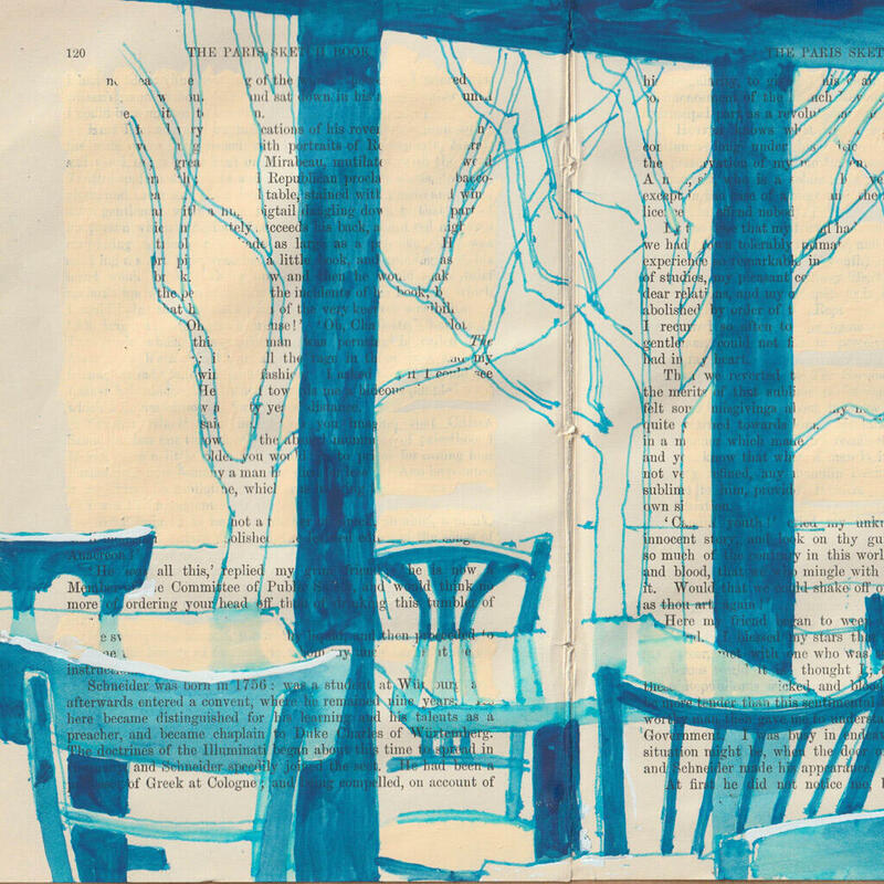 Coloured ink sketch of chairs in a Paris cafe