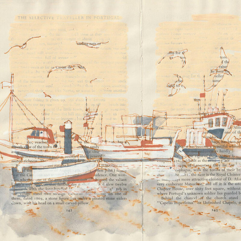 Coloured ink sketch of fishing boats in Portugal