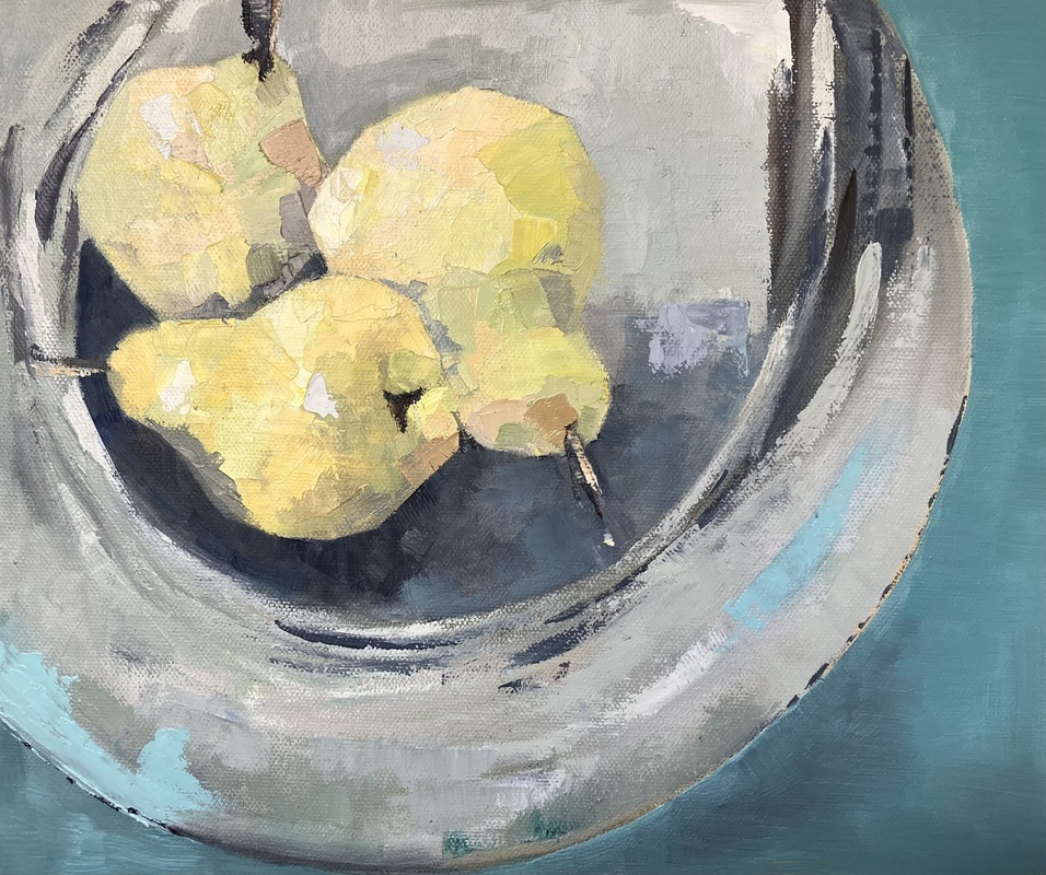 Yellow Pears in Bowl. Oil Painting