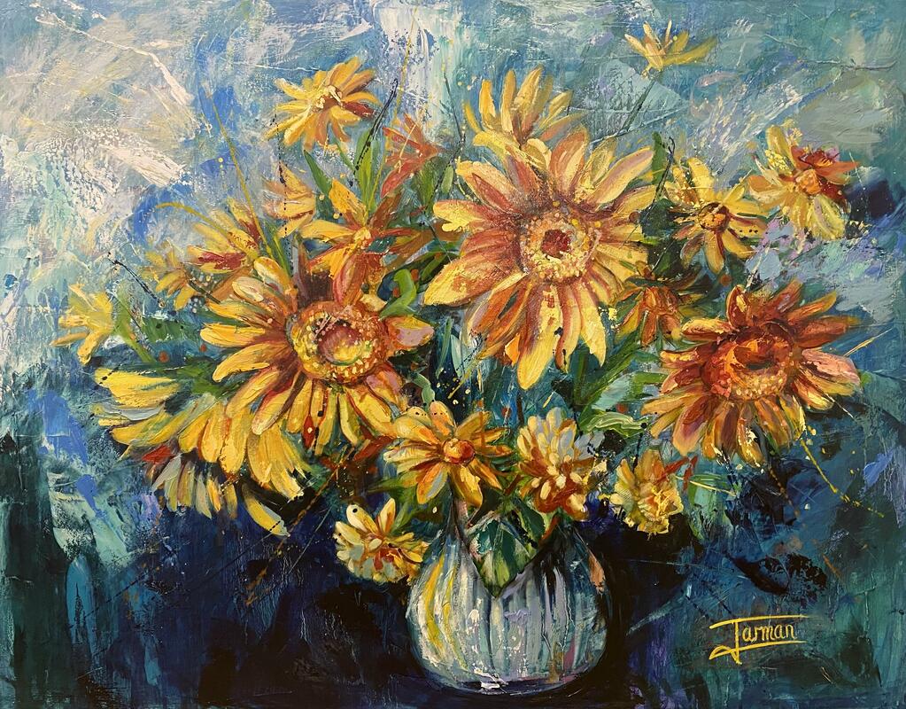Immortal- Sunflower vase large oil painting, with palette knife 