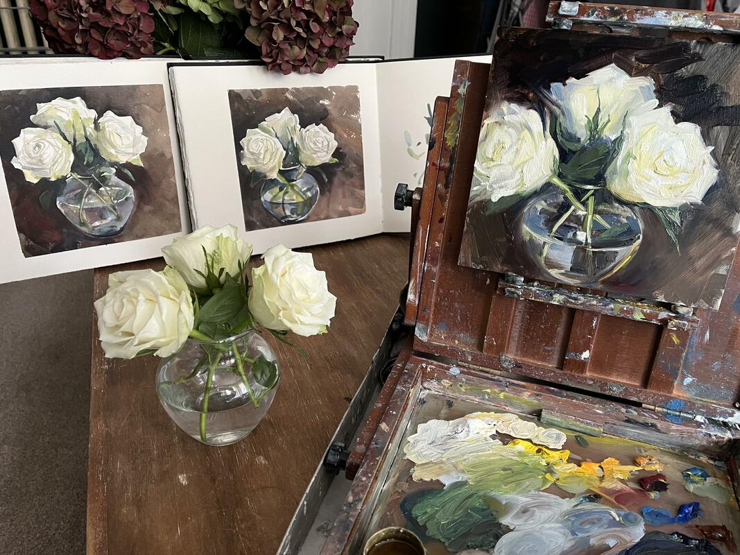 Watercolour and Oil, White Roses 2022.