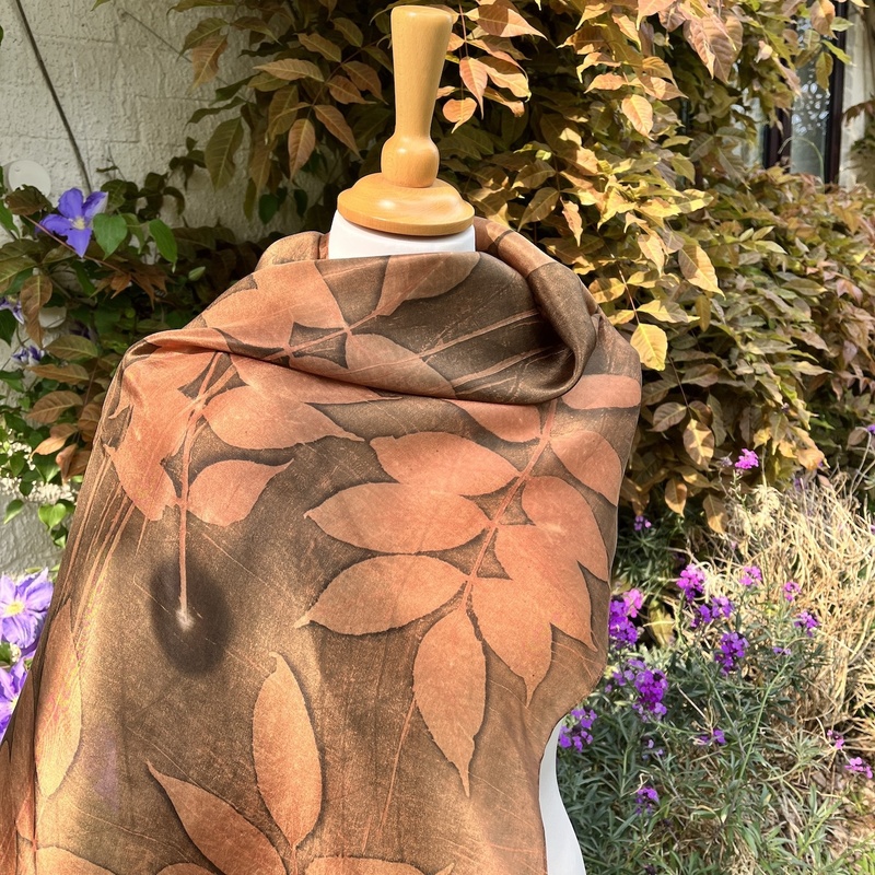 Naturally Hand Dyed and Eco Printed Silk Scarf