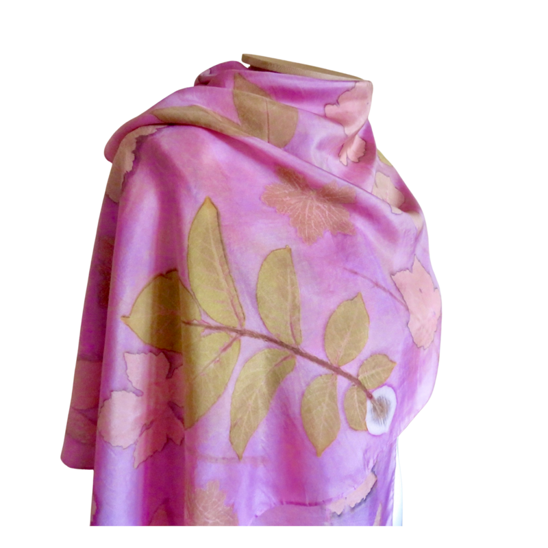 Cochineal Hand Dyed Silk Scarf with Eco Printed Design