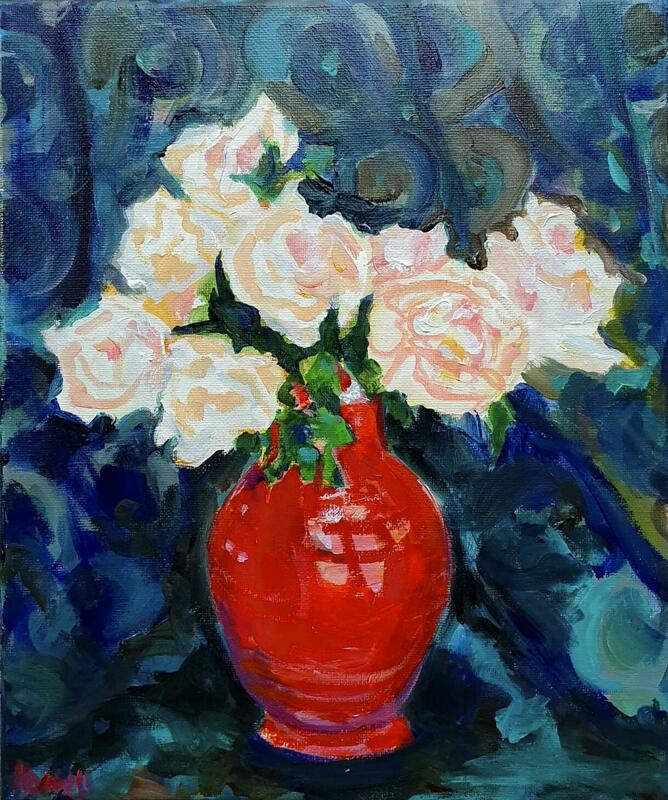 Blush Roses in a Red Vintage Vase