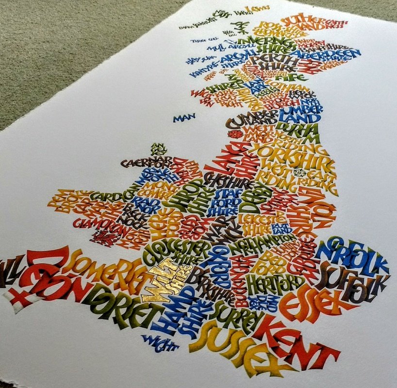Old Counties Map - Calligraphy Wordle 