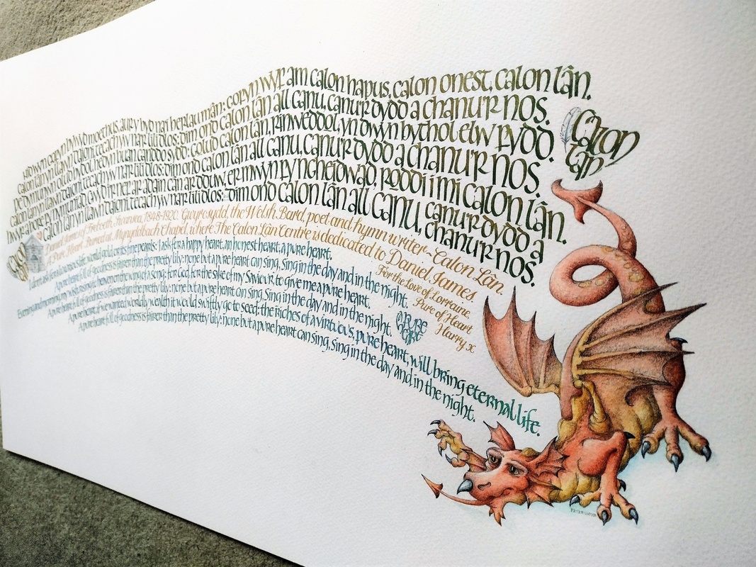 Calon Lân - Welsh Anthem with English Translation - Illustrated Calligraphy - Variations on an Uncial theme script