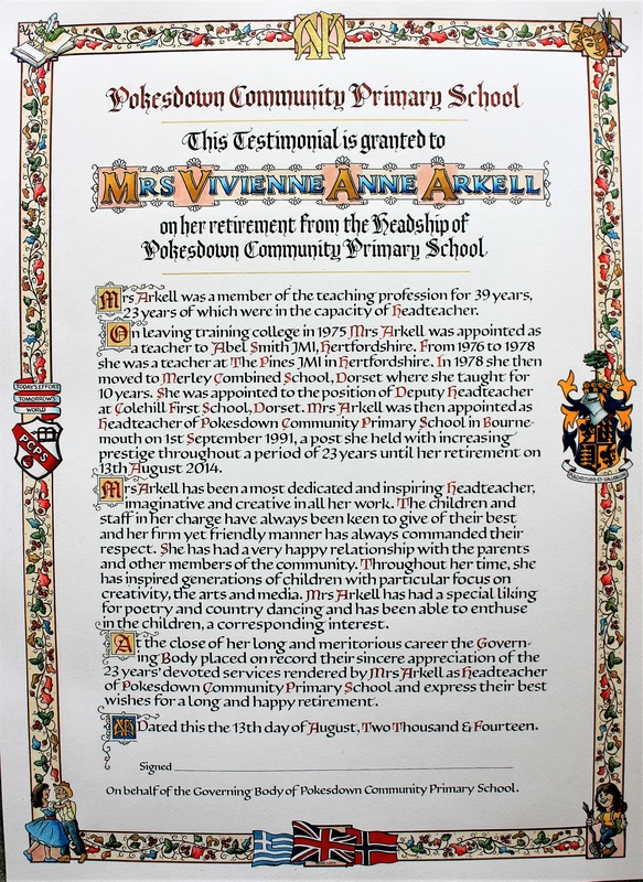 Retirement Certificate - Based on an existing Victorian Example - Gothic style with Lombardic Capitals 