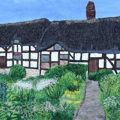 Free-motion embroidery of Anne Hathaway's Cottage