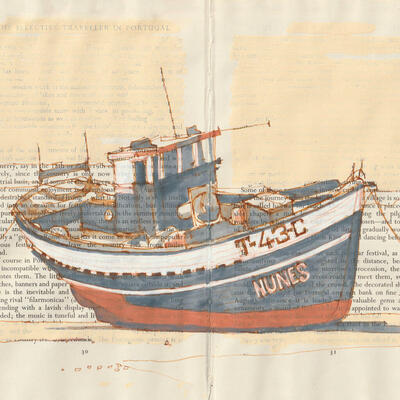 Coloured ink sketch of a fishing boat in Portugal