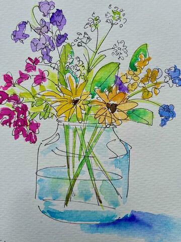 Pen & Wash Flowers in Jar