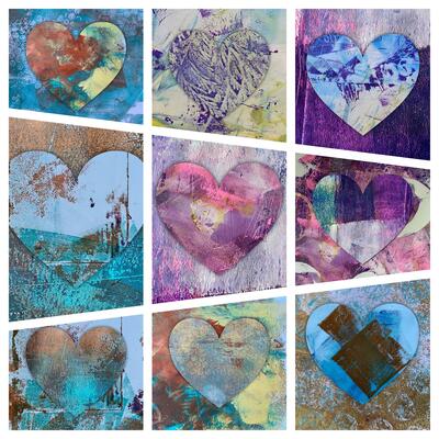 With love. Bright collage from monoprinted papers