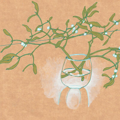 ink drawing of mistletoe in a glass vase