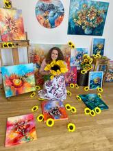 Katie Jarman with Sunflower Paintings 