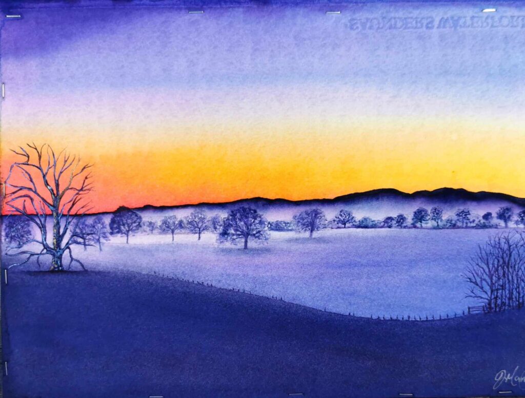 Watercolour painting of the Malvern Hills on a misty morning
