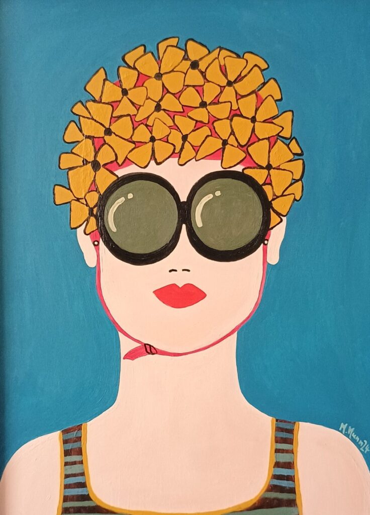 A lady lido swimmer from the 1930's painted in a cartoon / naive style with a flower swimming cap on and a buckle holding it in place under her chin. She is wearing a stripy swimsuit but the portrait is only visible up to her shoulders. She wears red lipstick and large round sunglasses.