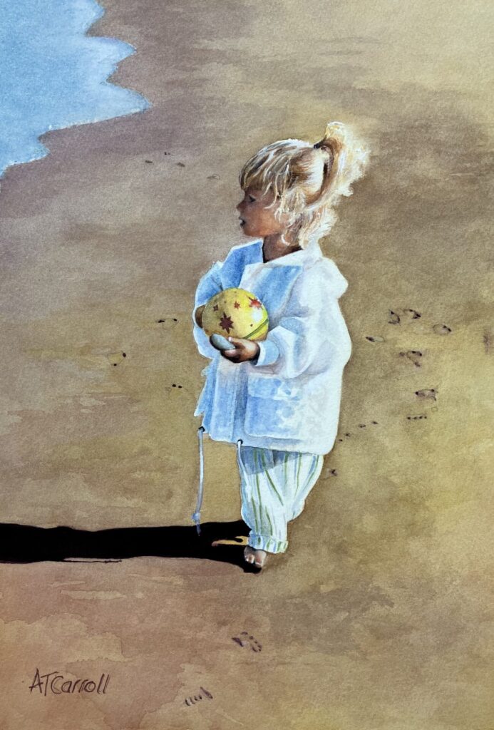 A tiny wanderer, barefoot and free, tracing dreams in endless sea-kissed sand, unaware, yet cradled by the infinite.
