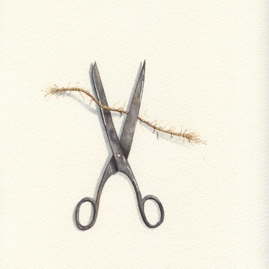 Detailed watercolour study of scissors and string