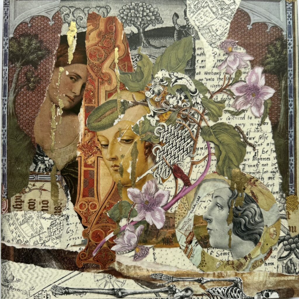 'With one glance her story unfolds' Mixed media collage on wood block