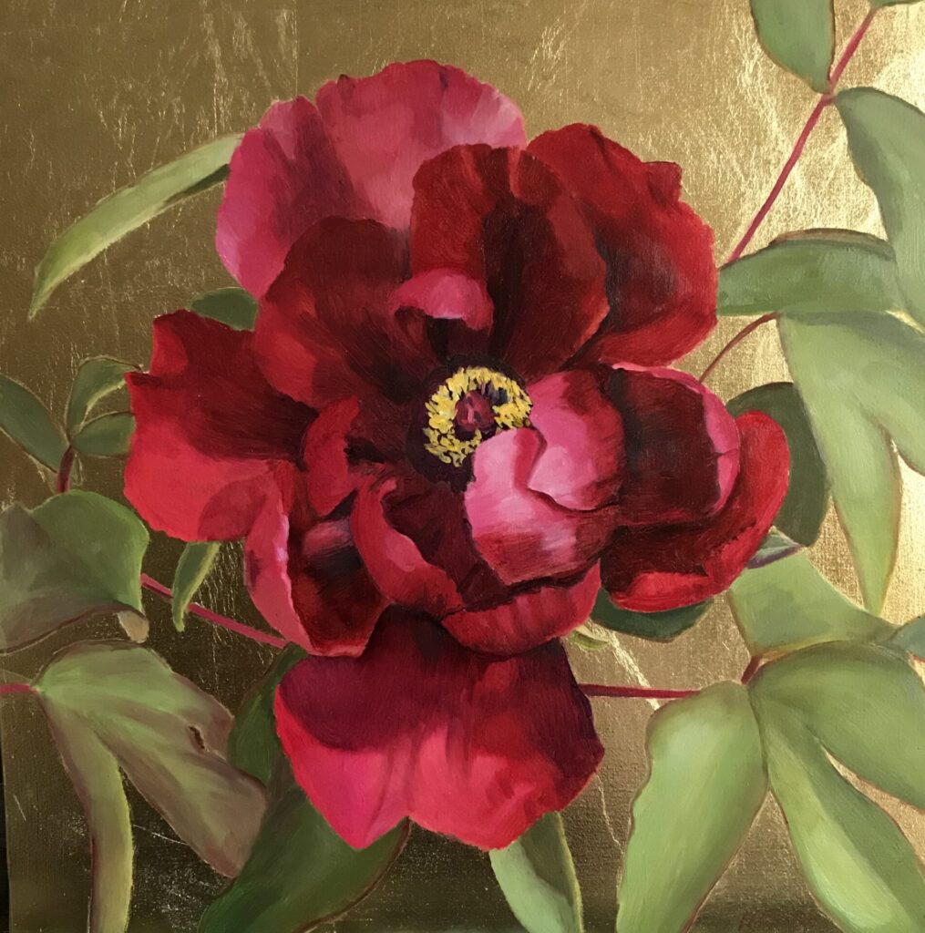 An oil painting of a Red Peony on a gold leaf background