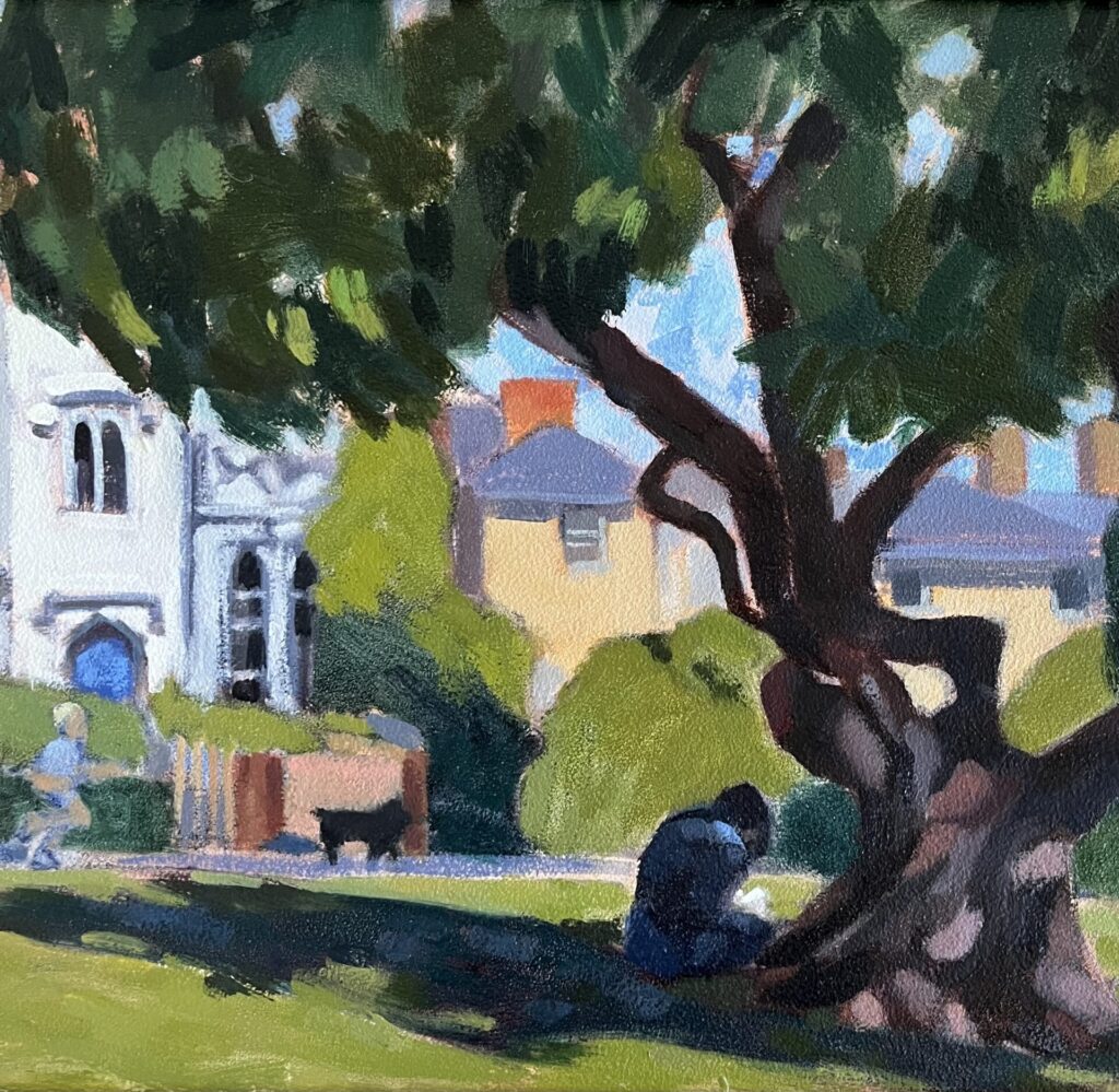 Reading in the shade, Priory Park, Malvern. Oil on board