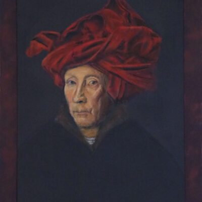 Tony Currie - Jan van Eyck :  Man in a Red Turban.   Acrylic on paper.
