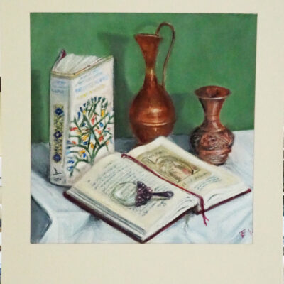 Tony Currie - Books and Jugs.  Acrylic on paper