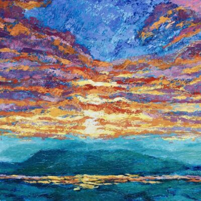 Louise Pilditch - 10th February Sunrise from Swinyard Hill, The Malvern Hills.   Gesso and oil paint on birch panel.  60cm x 84cm
