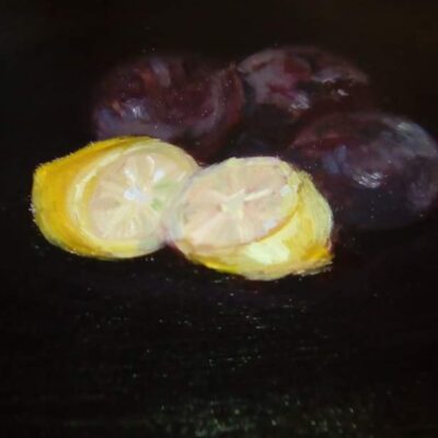 Jayne Gale - Lemons and plums. Commissioned. Water based oil on canvas.
