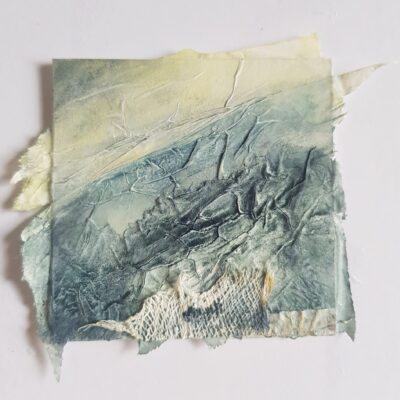 Jayne Gaze - Storm Coming, board, gesso, wet strength tissue, gauze, threads, acrylic