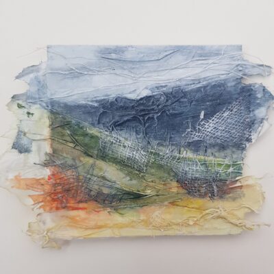 Jayne Gaze - Storm Passing, board, gesso, wet strength tissue, gauze, threads, acrylic