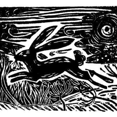 Fiona Douglas - Dancing Hare - Lino cut