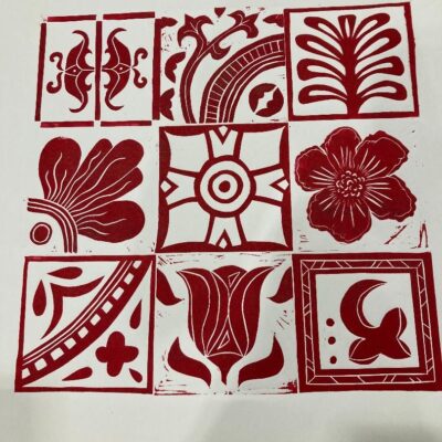 Fiona Douglas - Magenta lino cut tiles from the Priory Malvern