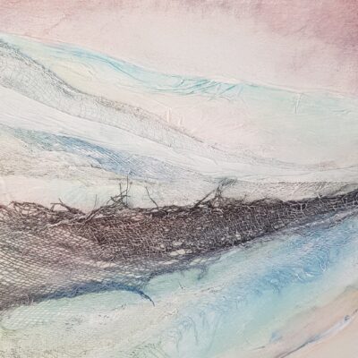 Jayne Gaze - Settling 1, board, gesso, wet strength tissue, gauze, acrylic, ink