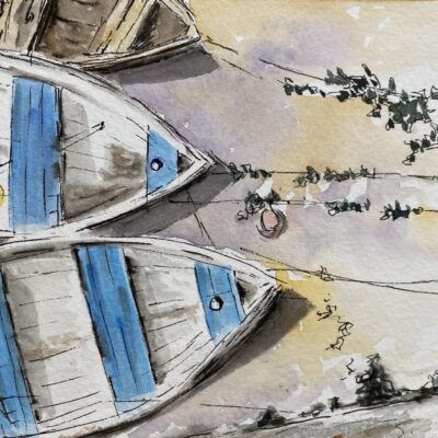 Gillian Simpson - Harbour moorings - watercolour and ink