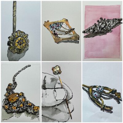 Gillian Simpson - Watercolour and blotted line ink. Vintage jewellery
