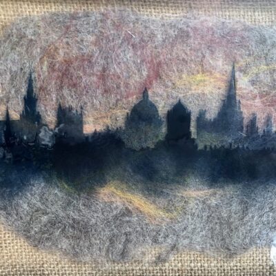 Anita Ruiz - Oxford skyline on home dyed felted wool background