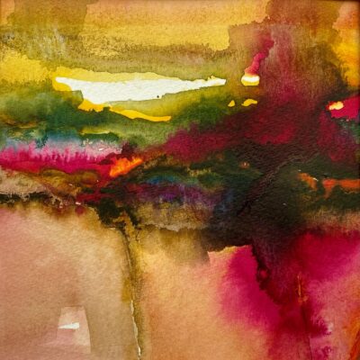 Anita Davies / Raw Elements Landscape Acrylic ink painting. 14.5 cm by 14.5cm in mount ready to frame.