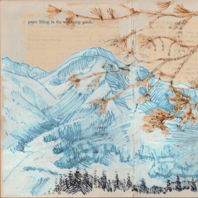 Jim Morris - Ink and acrylic drawing of an Austrian mountain scene - on vintage book pages