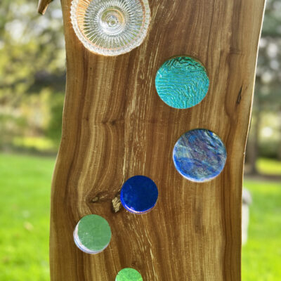 Julian Bull (Visibull Art & Design) - Detail from 'Forest Windows 4' sculpture in Apple Wood, Stained Glass and Found Glass.