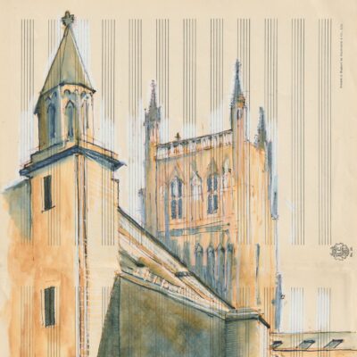 Jim Morris - Ink and wash sketch of Worcester Cathedral - on music manuscript