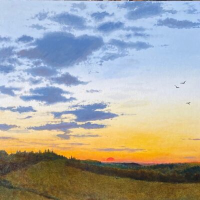 Jonny Lewis - Exploring a sunset in summer, birds over cowleigh woods in West Malvern, Oil on canvas.