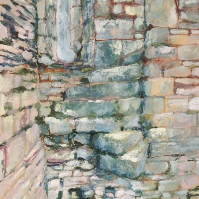Louise Pilditch - Goodrich Castle II, Castle Life.   Encaustic on birch panel. 84cm x 60cm