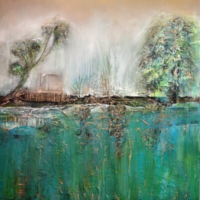 Nashmin Riazi - Title: Spring Dance Description: The approach of spring has made my mind green in this painting. When the leaves dance and we feel the newness with every cell in our being. This large original artwork uses a mixed media combination of acrylic paints.