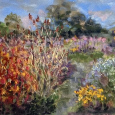 Moira Savage - Red Dogwood and Wild Teasels, The Picton Garden, Colwall, Worcestershire. Soft pastel on paper.